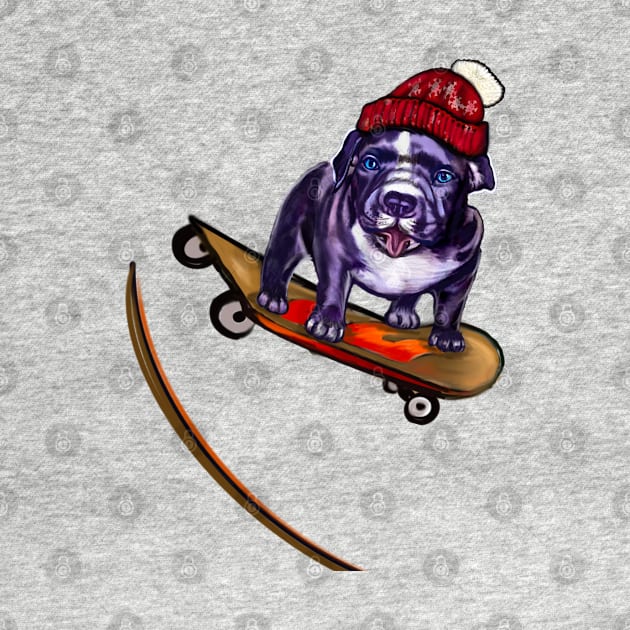 pit bull dog puppy skateboarding off a ramp wearing a red beanie hat with Pom pom - cute funny blue line pittie with piercing blue eyes by Artonmytee